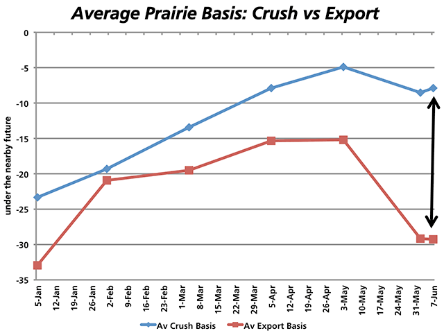 Crusher canola bids in Western Canada remain much more aggressive than export bids. Based on accessible internet quotes, export-facility bids averaged $29.28/mt under the July (red line) on Tuesday, as compared to $7.88/mt under calculated for crushers (blue line). All other points lead to calculated levels in the first few days of each month starting in January. (DTN graphic by Nick Scalise)